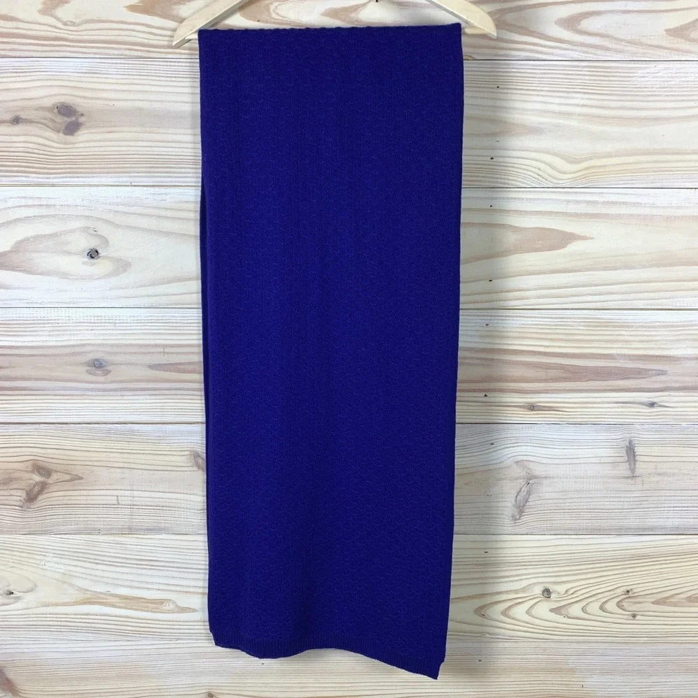 Qi Cashmere Scarf Bold Blue Woven Textured Ribbed Trim Luxury City‎ Travel 14x70 - Picture 2 of 10